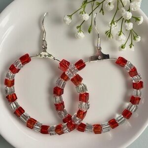 Handcrafted  925 Silver (findings) Red and Clear Beaded Hoop Earrings
